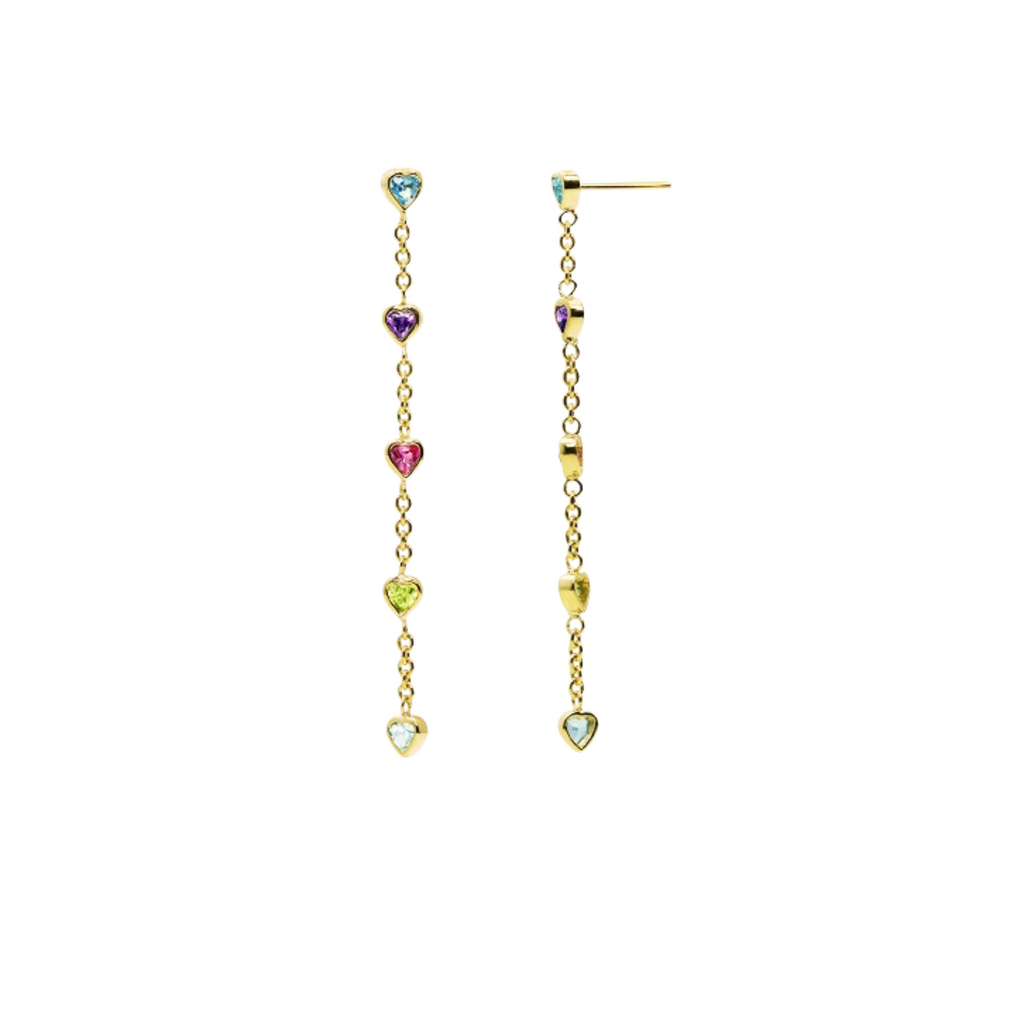 Gold earrings with colorful gemstones on a white background