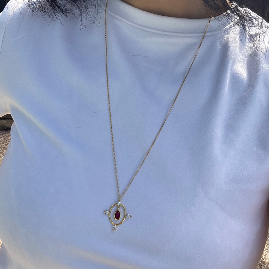 Person wearing a white shirt with a necklace featuring a pendant.
